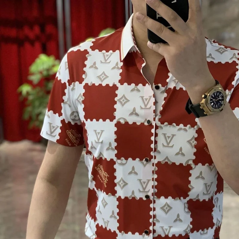 Shirt For Men Short Sleeve 2022 New Arrival Summer Slim Male Shirt Teenager Tops checkerboard European And American Style S59