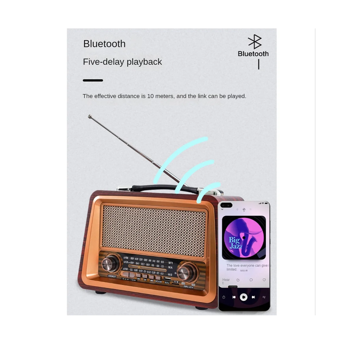 

Портативный деревянный ретро-радиоприемник, беспроводные Bluetooth-колонки, Hi-Fi стерео AM/FM-радио плеер, USB TF AUX MP3, цвет красного дерева
