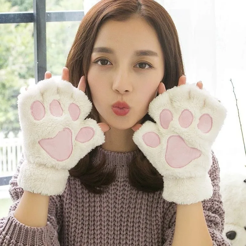 

Women Cartoon Cat Claw Glove Female Girls Thickened Plush Lovely Style Bear Paw Exposed Fingers Half Finger Winter Warm Gloves