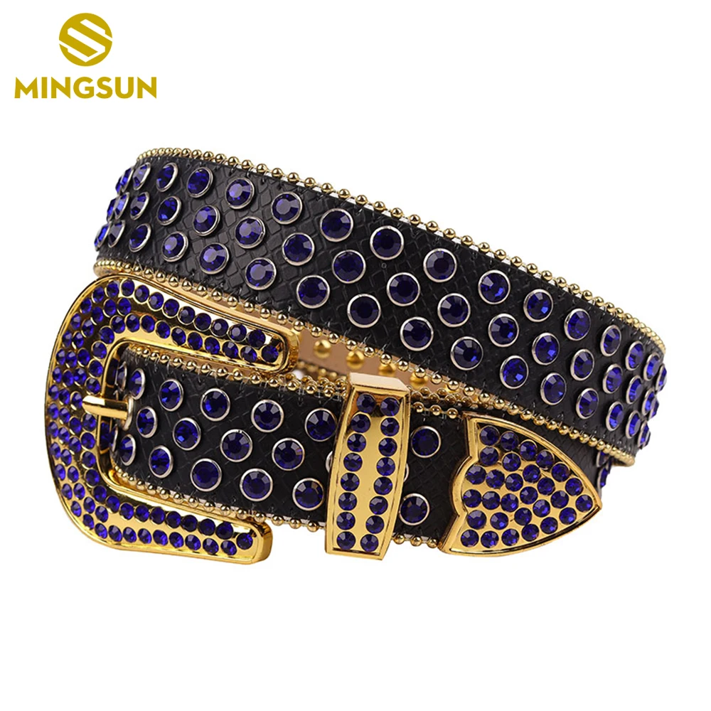 Fashion Black Leather Strap Belt for Men Shiny Blue Rhinestone Studded Belts for Women Luxury Designer Waistband Cinto Masculino