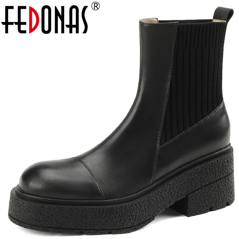 

Женские ботильоны из натуральной кожи FEDONAS, повседневная обувь на платформе с толстым каблуком, осенне-зимняя обувь в сдержанном стиле