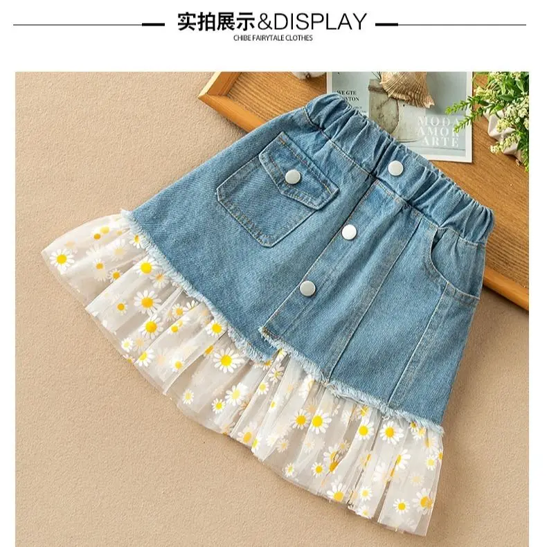 

Детские кружевные джинсовые юбки для девочек, сетчатые джинсовые юбки с маргаритками, Новое поступление 2022, повседневные летние юбки для де...