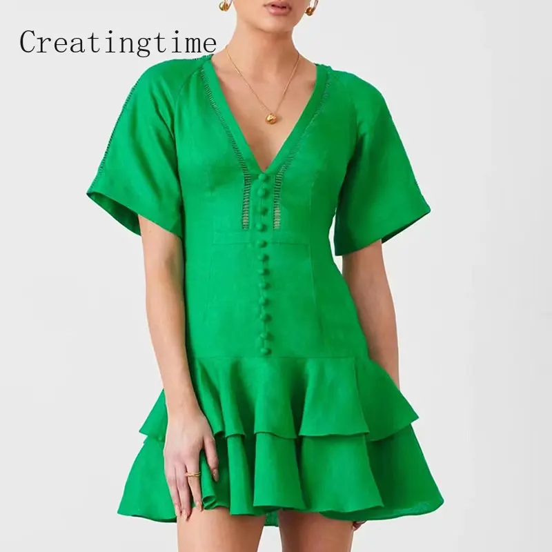

Casual Ruffles Hem Dress Women's 2023 Spring Summer New Solid Color V-neck Short Sleeve High Waist Fashion Female Clothing 1A913