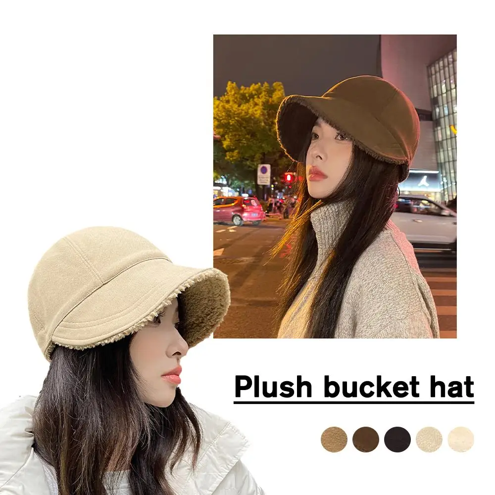 

Casual Warm Fisherman's Hat Adjustable Velvet Lined Female Bucket Fordable Color Plush Lady Bonnet Cap Hats Winter Pure L6J6
