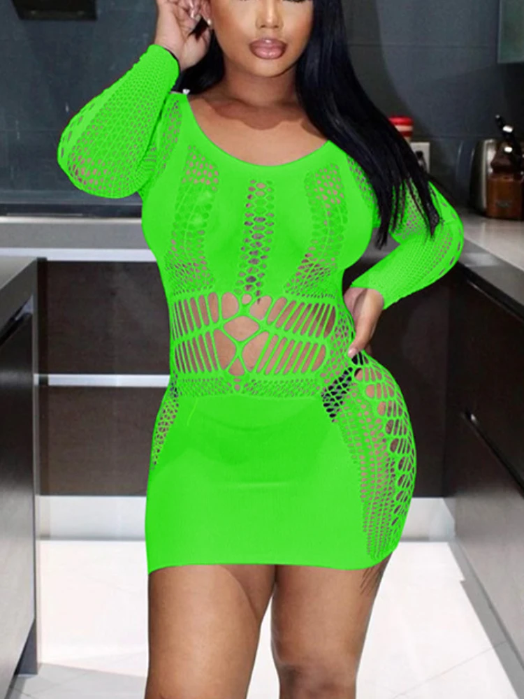 

Multicolor Sexy Mesh See Through Mini Bodycon Dress Women Long Sleeve Net Plaid Hole Body-Shaping Party Clubwear Vestidos