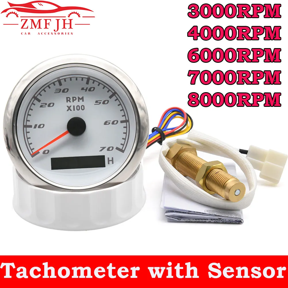 

AD 85mm Car Tachometer Boat Tachometer Marine Tacho Meter Gauge LCD Hourmeter 12V/24V 3000-8000 RPM Toerenteller 12v Hour Meter