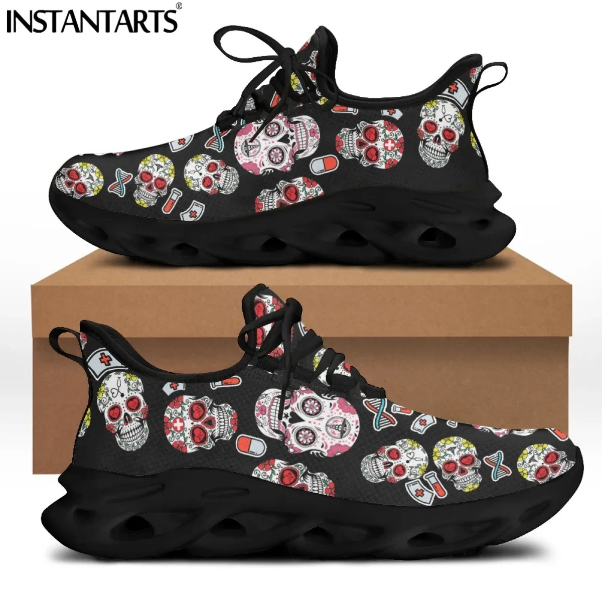 

Женские кроссовки INSTANTARTS, медицинская обувь на плоской подошве, с черепом, на шнуровке, роскошный дизайн, прогулочная обувь для отдыха