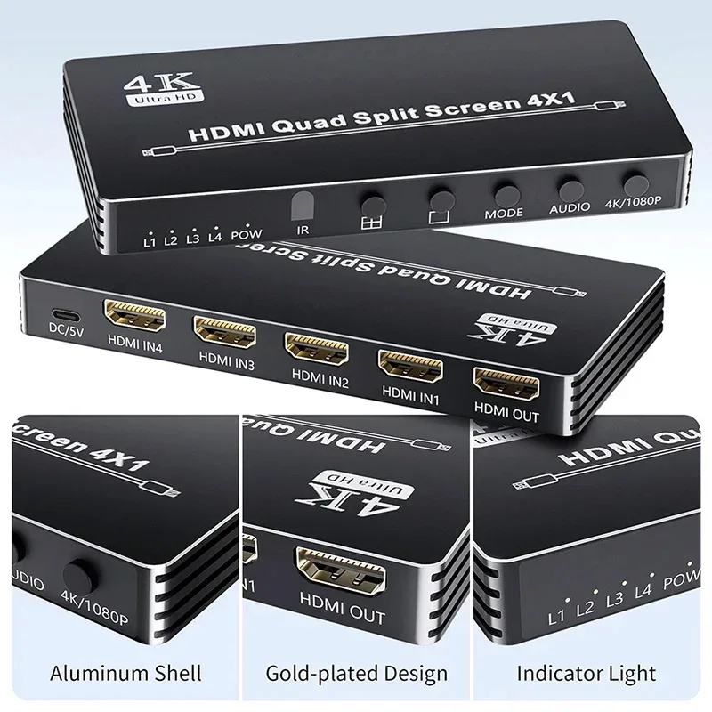 Фото 4K HDMI-мультивьюер 4x1 с функцией разделения экрана, 4-канальный видеомультиплексор, бесшовный переключатель экранов, 5 режимов №1