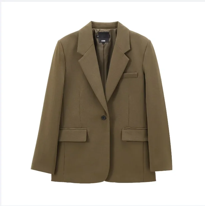 Women's 2025 new fashion flip decoration loose basic style lapel suit coat retro long sleeved button up women's chic top