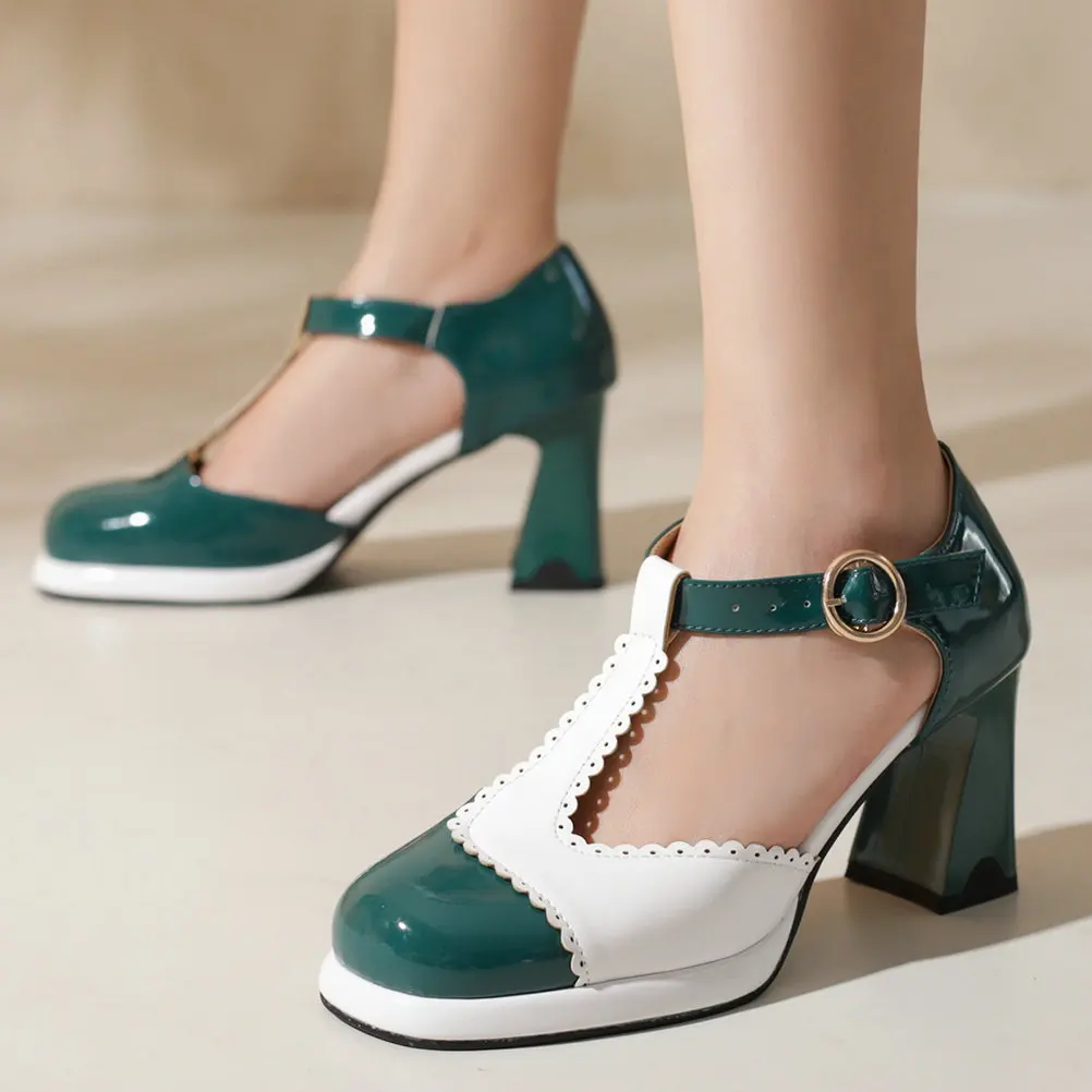

COOLULU Patent Leather Mary Jane T Strap Heels Vintage Pumps Oxford Wingtip Shoes for Women Block High Heel Pumps Shoes