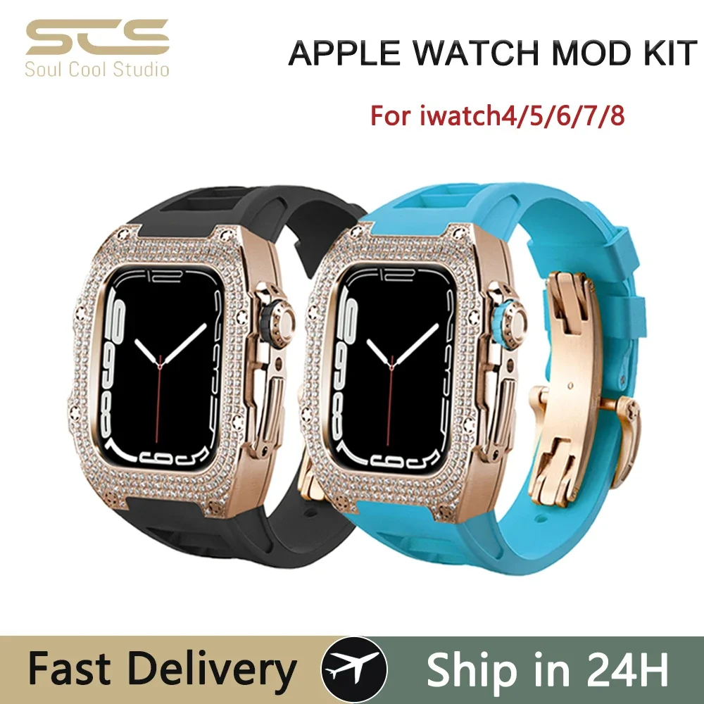 

Комплект из нержавеющей стали для Apple Watch, 44/45 мм, роскошные аксессуары с инкрустацией бриллиантами, модный тренд, подходит для серии 9/8/7/6/5/Se