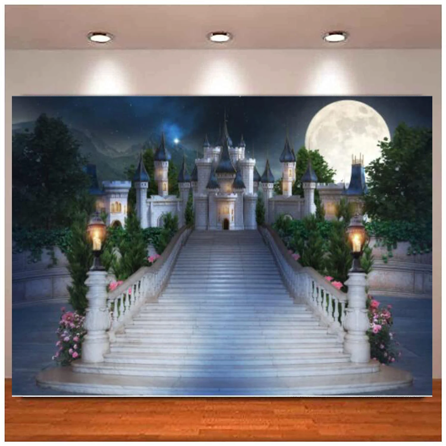

Castle Stairs Backdrop Fairy Tale Full Moon Night Scenery Mountains Trees Floral Background Birthday Party Kids Birthday Party
