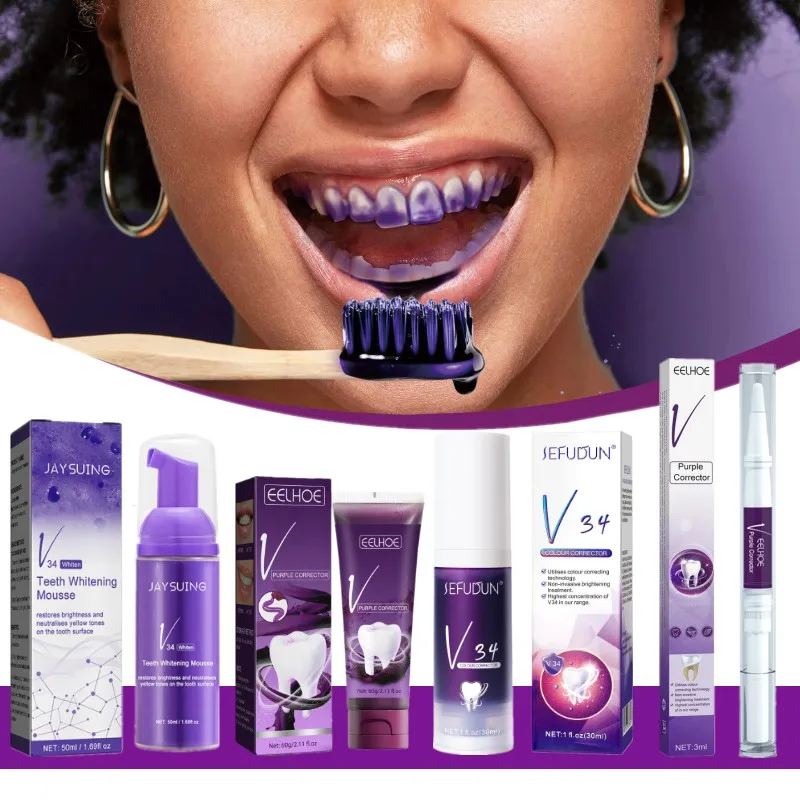 

Purple Serie Whitening Toothpaste V34 Colour Corrector Remove Smoke Stain Plaque Fresh Breath Oral Hygiene Care Teeth Whitening