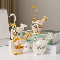 2022 new golden cute swan fruit fork korean style home living room cafe bar spoon coffee spoon fruit fork set tiny spoon suit