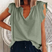 2022 new summer women shirts v neck ruffle sleeve solid colors women street casual loose t shirt top