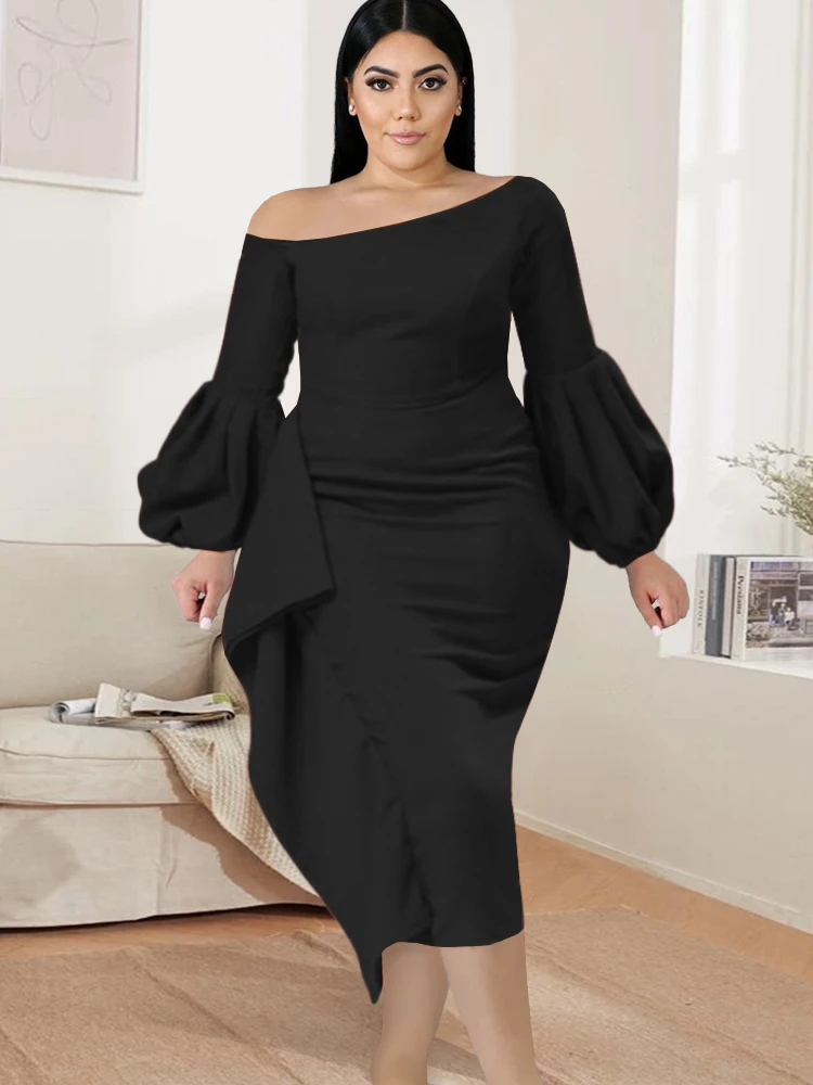 Off Shoulder Bodycon Dresses Plus Size Women Lantern Long Sleeve Ruffles Evening Birthday Party African Gowns 2022 Autumn New