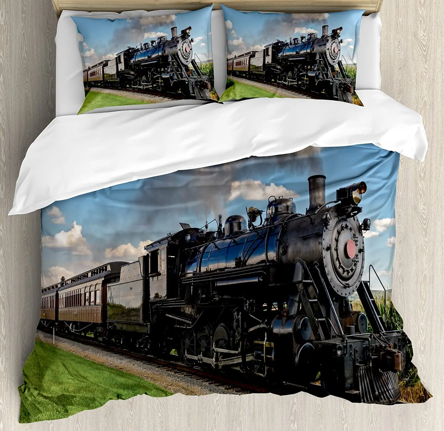 

Steam Engine Bedding Set For Bedroom Bed Home Vintage Locomotive in Countryside Scenery G Duvet Cover Quilt Cover And Pillowcase