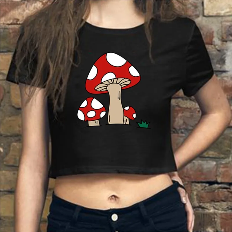 

Японская кавайная цветная футболка с принтом в виде грибов, летняя повседневная Милая женская короткая футболка, корейская модная Милая од...