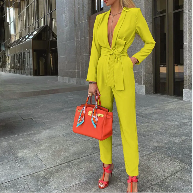 Sexy Fashion Solid Color Tie Deep V Neck 2023 Elegant Ladies Tops and Pants Solid Color Suit Belt Jacket + Pants One-piece Suit