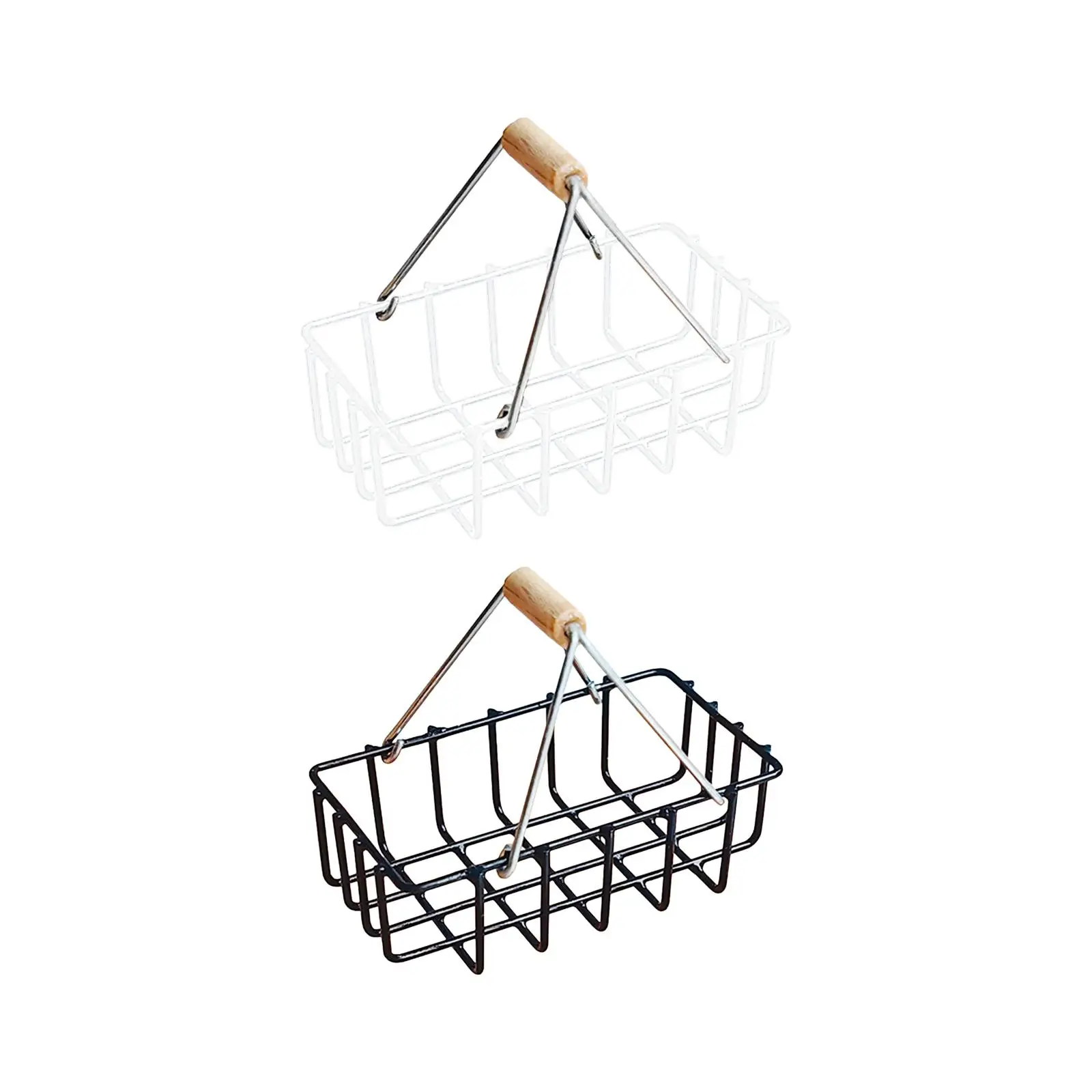 

1/8 1/6 Miniature Alloy Storage Basket Dollhouse Shopping Basket with Handles for Living Room Kitchen Bathroom Scenery Supplies