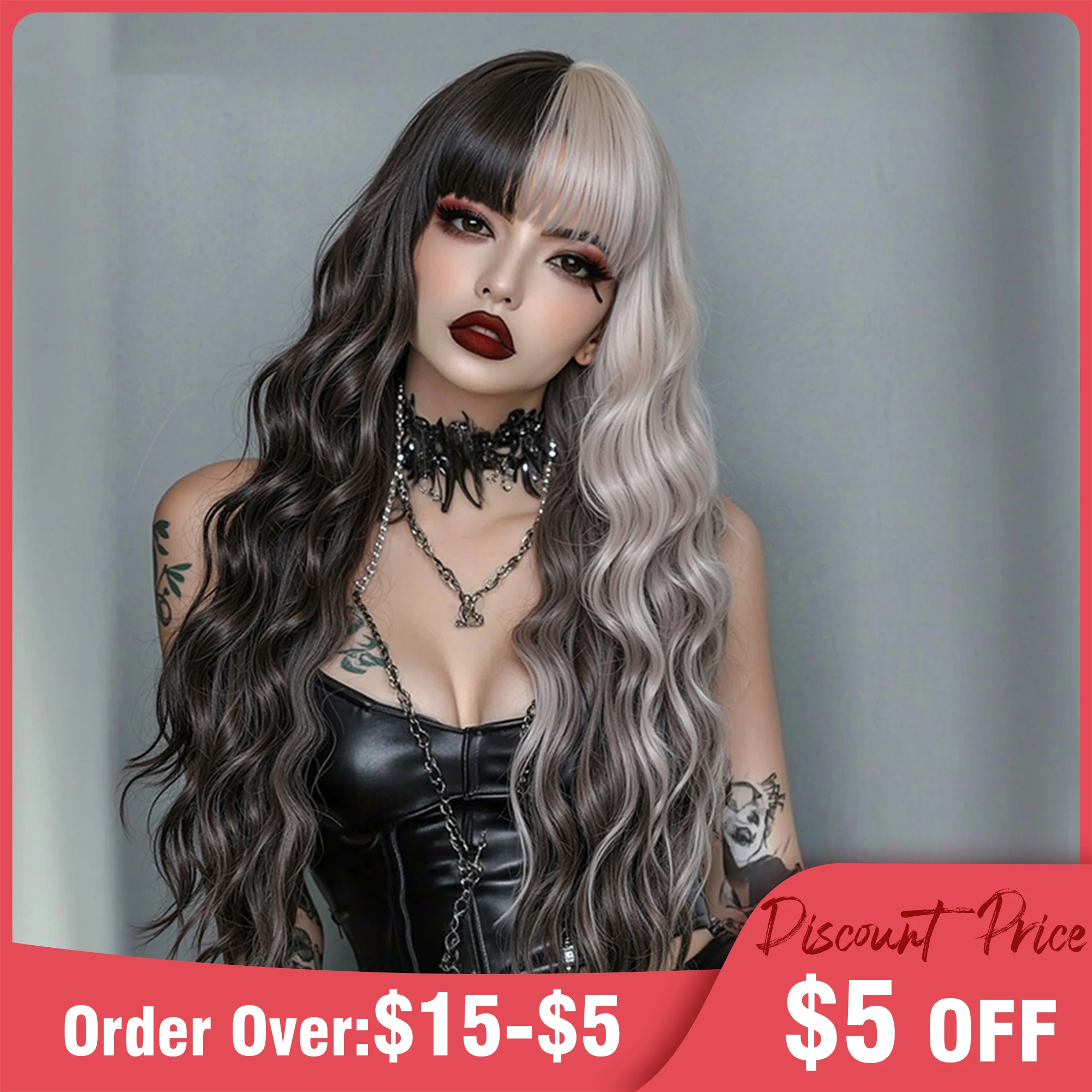 Черный белый цвет длинный вьющийся парик с челкой черный смешанный серый для