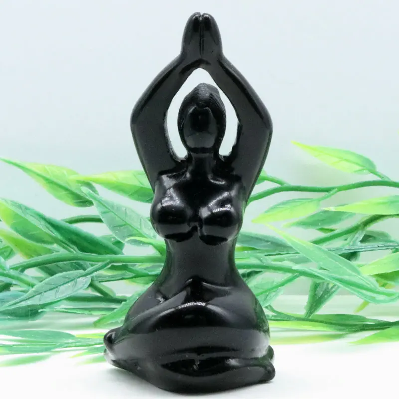 

3.1inch 50g Natural Obsidian Carved Crystal Yoga Goddess Statues Healing Feng Shui Aesthetic Room Decorated With Reiki Gifts