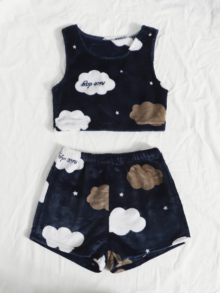 Autumn And Winter Embroidered Camisole Vest Shorts Female Cute Flannel Home Pajamas For Women Sexy Sleepwear