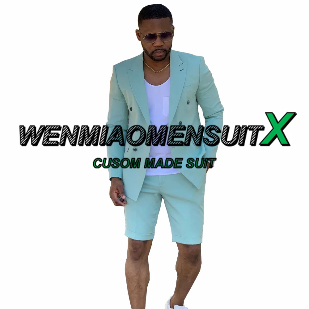 2 Piece Men's Suit Shorts Summer Fashion Casual Blazer Set Double Breasted Jacket Wedding Tuxedo terno masculino