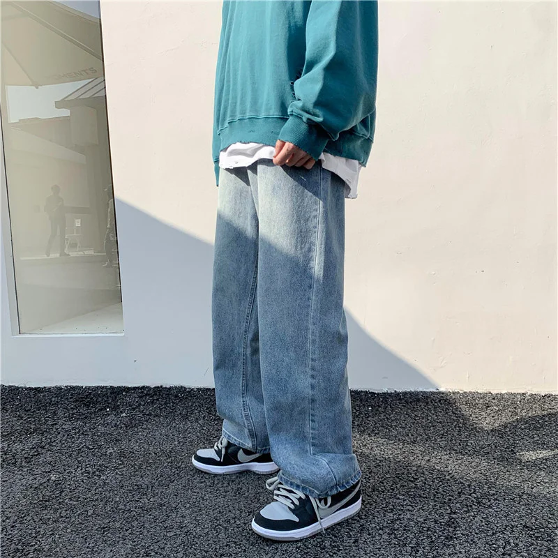 

Light Blue Classic Jeans Men Autumn New Korean Loose Straight Harajuku Streetwear Male Wide Legs Casual Youth Denim Pants