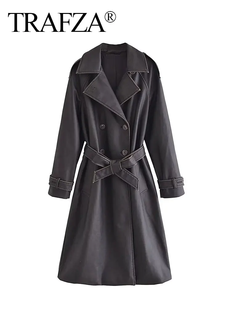 

TRAFZA Fashion Belted V-Neck Long Sleeve Loose Jacket Women's Long Coat Autumn Women's Washed Imitation Leather Windbreaker
