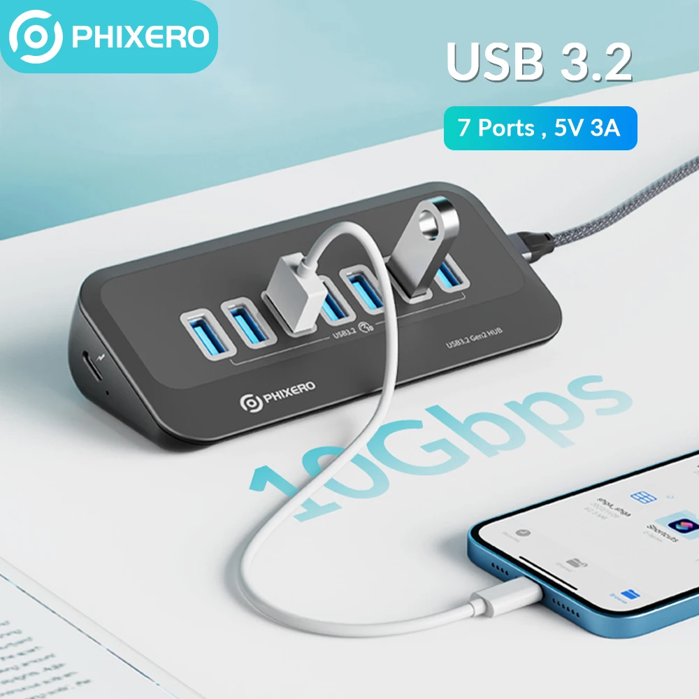 

PHIXERO USB 3.2 Docking Station Hub Type C 10Gbps Splitter Switch Dock Multi Port Socket USB-A Gen2 for Surface Mac Laptop 3.0