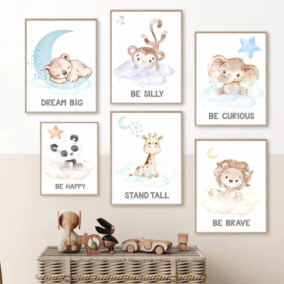 

Cute Giraffe Lion Elephant Monkey Cloud Star Kids Room Poster Prints Baby Wall Art Pictures Decor Nordic Nursery Canvas Painting