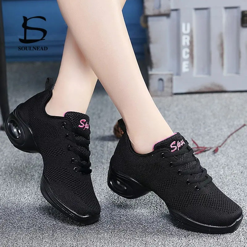 Women's Jazz Dance Shoes Modern Dancing Shoes Mesh Breath Sneakers Light Soft Square Outsole Ladies Practice Aldult Sneakers