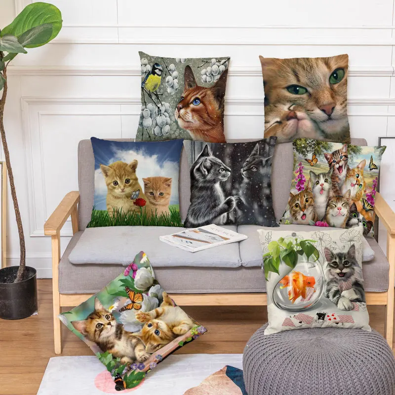 

Home Room Hotel Oil Painting Cat Decorative Pillowcase Simple Soft Cat Style Linen Pillow Cover Bedding Hot Animal Pillow Cover
