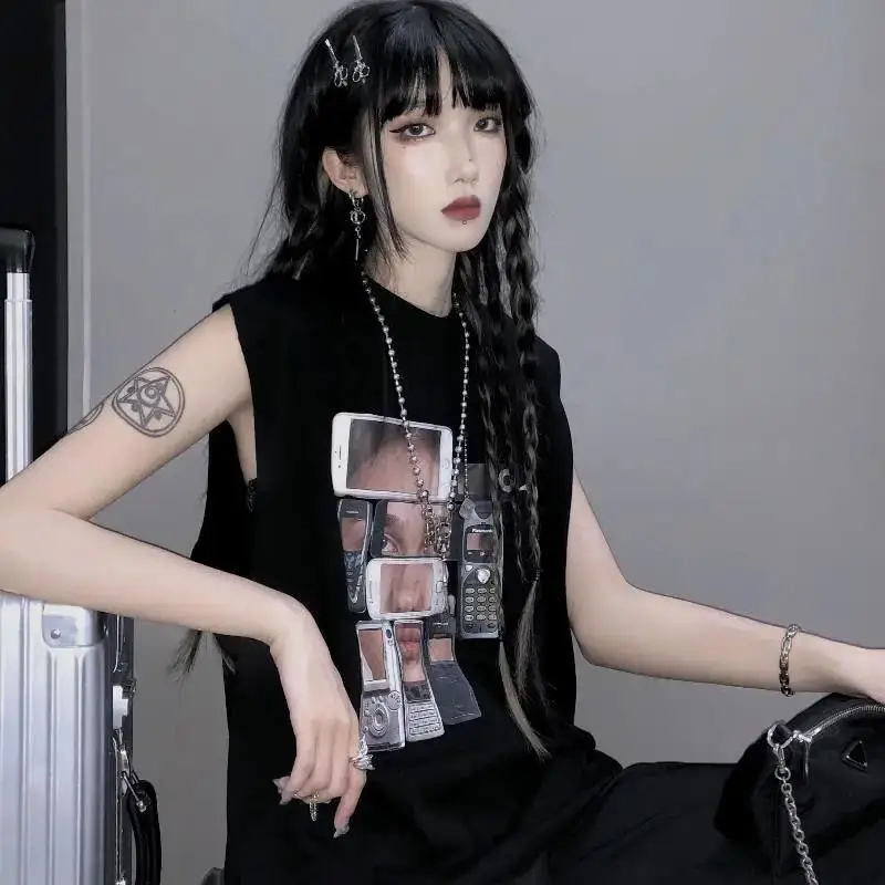 

Черная Винтажная летняя футболка в стиле Харадзюку, женский жилет без рукавов с круглым вырезом, футболка оверсайз в стиле преппи, в стиле х...