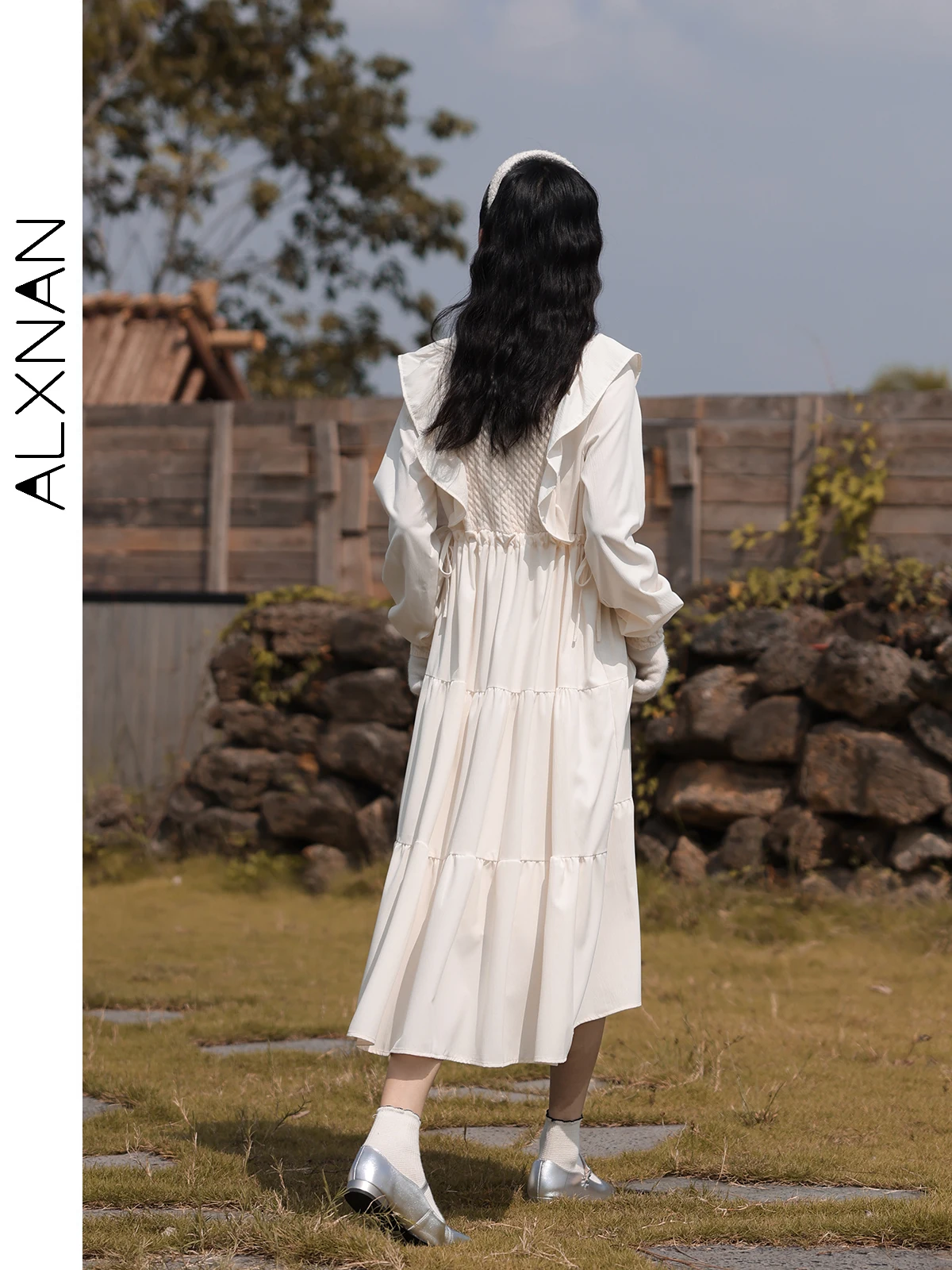 ALXNAN белое платье во французском стиле для женщин 2024 осень-зима новые лоскутные