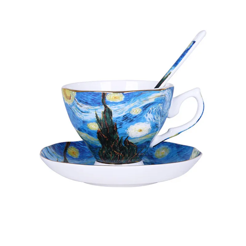 Van Gogh Art Painting Coffee Cup Mug Tea Mugs with Spoon Saucer The Starry Night, Sunflowers, Sower, Irises Gift