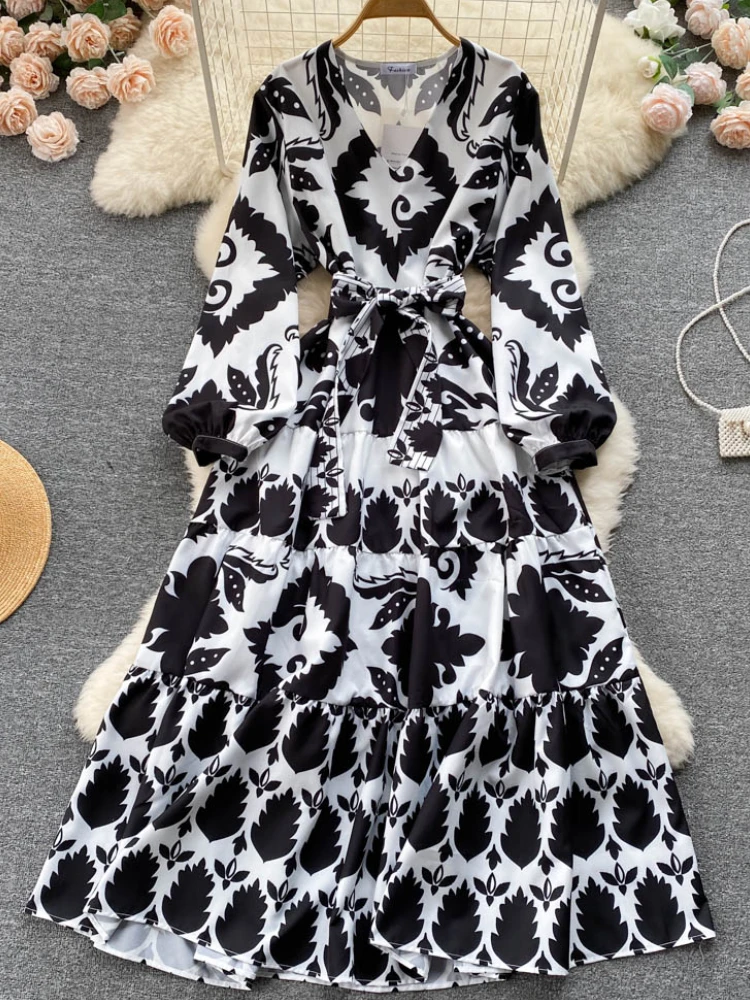 

Women Fashion Autumn Casual Black White Midi Dress Floral Print Elegant A-Line Beach Boho Maxi Vestidos Femme Holiday Party Robe