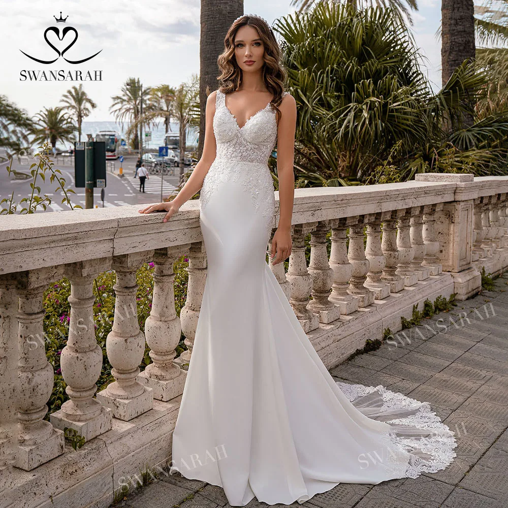 

V-neck Beading Wedding Dress 2022 Satin Chic Sleeveless Mermaid Court Train Princess Vestido De Novia SwanSarah AG70 Bride Gown