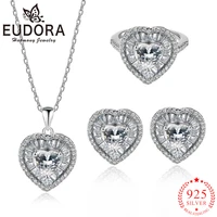 eudora 925 sterling silver heart necklace earrings white zircon ring fashion jewelry set exquisite banquet gift for girlfriend