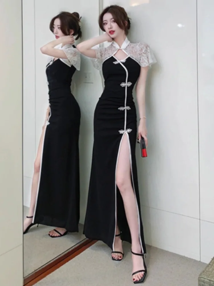 Ezgaga винтажные платья для женщин сексуальное кружевное лоскутное платье на