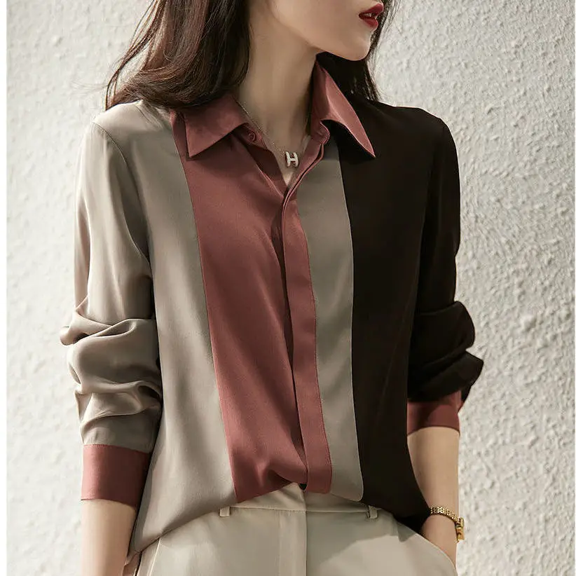 

2022 Fashion Korean Slim Office Shirt Autumn Women Lapel Long Sleeve Single Breasted Working Clothes Blusas Elegant Top A15