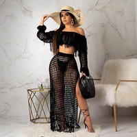 ladies stretch sexy transparent hollow mesh party streetwear solid color two piece suit independent summer knitted long skirt