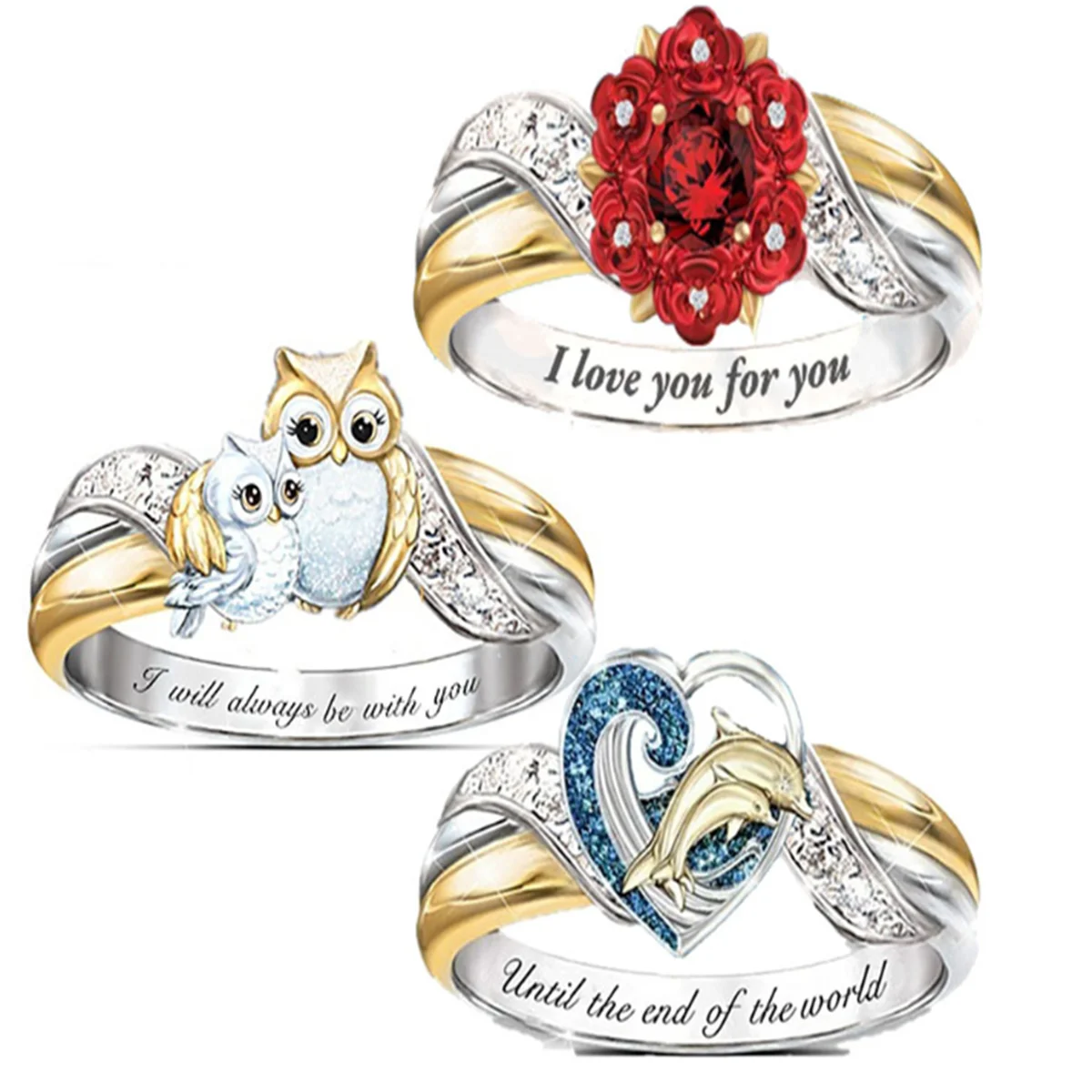 

New Simple Fashion Trend Elegant Hot Sale Premium Dolphin Rose Owl Three Shapes Rings Women's Jewelry Gift Wholesale
