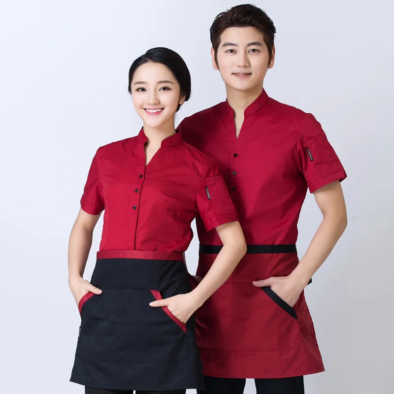 

M-3XL plus size v neck wear shirt 2023 summer short sleeve catering restaurant waiter uniform hotel shop work clothing
