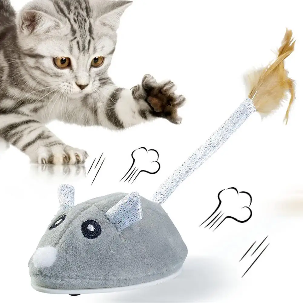

【 New Arrivals ] Pet Cat Plush Electronic Fake Mouse Toy With Feather Usb Rechargeable Interactive Cat Toys For Indoor Cats