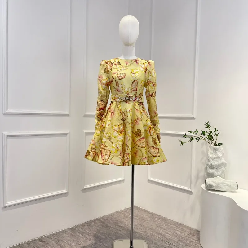 

2023 Latest Fashion New Arrival Yellow Flora Print Belt O-neck Full Sleeve Summer Dress
