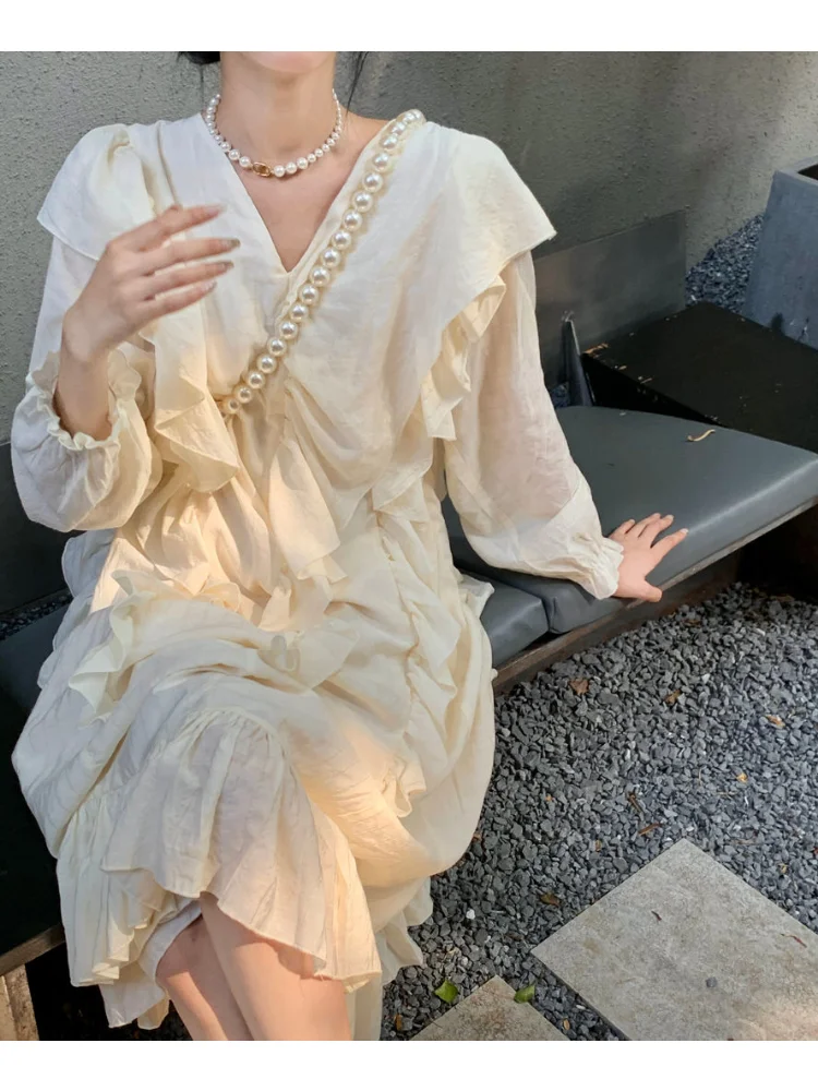 

Deeptown Elegant Fairycore Ruffles Beige Midi Dress Women Korean Style V-neck Long Flare Sleeve Casual Ruched Holiday Dresses