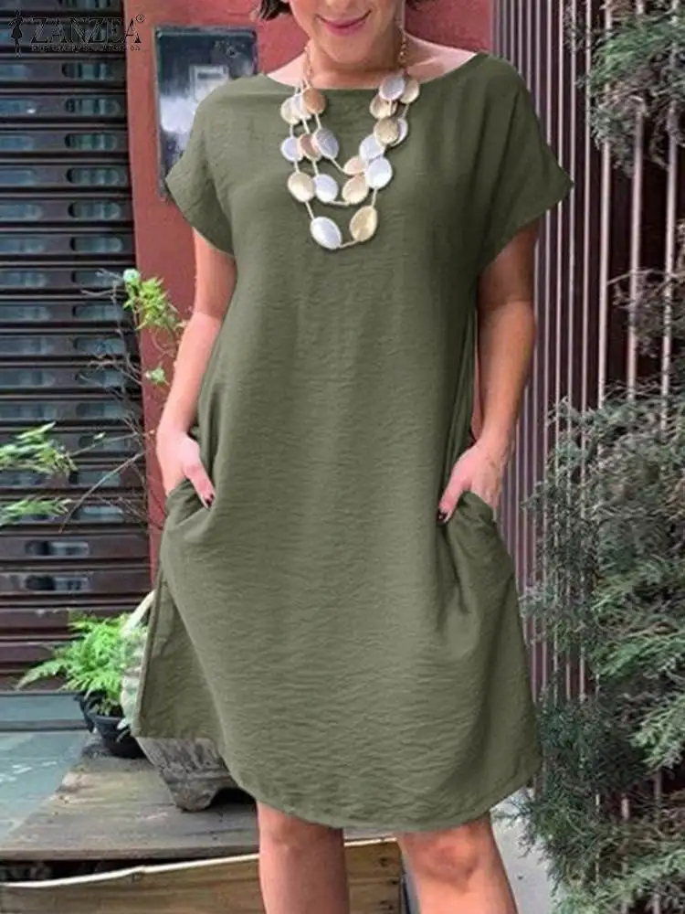 

Элегантный Однотонный сарафан до колен 2022 ZANZEA стильное летнее женское офисное платье с коротким рукавом и круглым вырезом Vestidos оверсайз же...