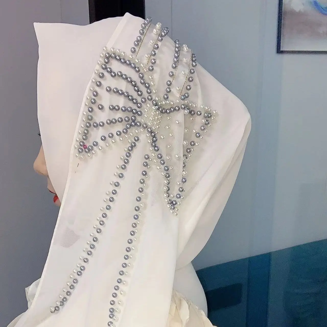 Butterfly Pearl Bubble Chiffon Hijab Muslim Woman Veil Long Musulman Femme Shawl Soft Instant Hijabs for Women Full Cover Scarfs